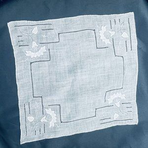 Vintage Wedding Appliqué Drawnwork Linen Hanky Hand Rolled Edge